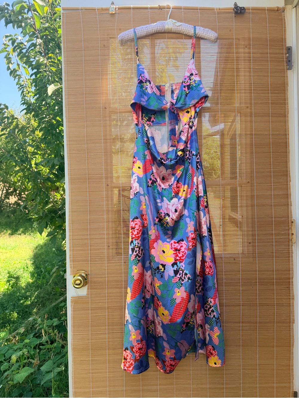 Vintage Blue Floral Midi Dress with Pink & Yellow Blooms